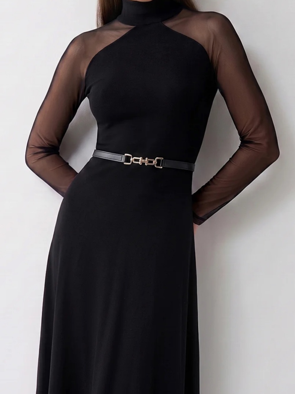 NWT Commense Mesh Sleeve High Neck Belted Maxi Dress